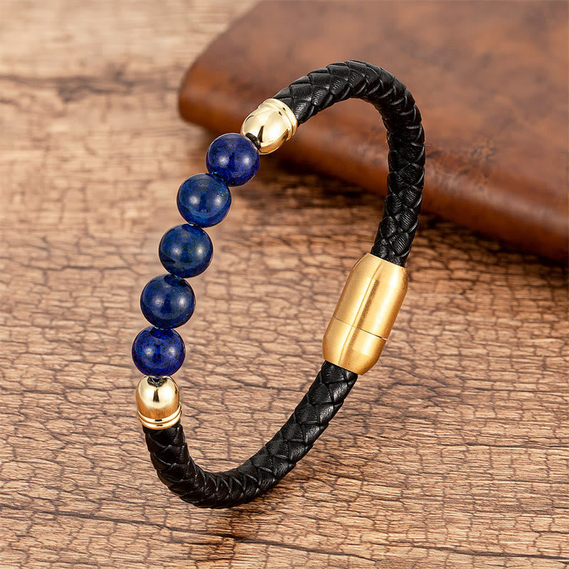 KarmaRipple's Blue Agate Tiger Eye Lava Rock Black Onyx Lazurite Bead Protection Leather Bracelet p60