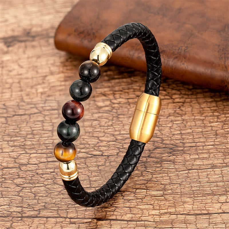 KarmaRipple's Blue Agate Tiger Eye Lava Rock Black Onyx Lazurite Bead Protection Leather Bracelet p62