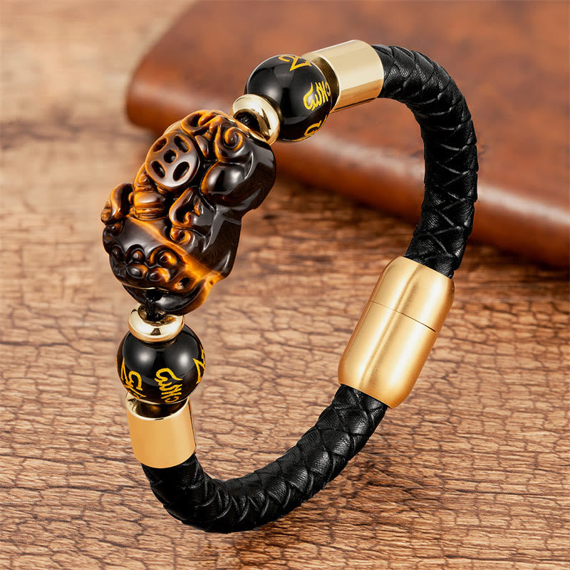 KarmaRipple's Tiger Eye Black Onyx Red Agate PiXiu Bronze Coin Om Mani Padme Hum Strength Leather Bracelet p16
