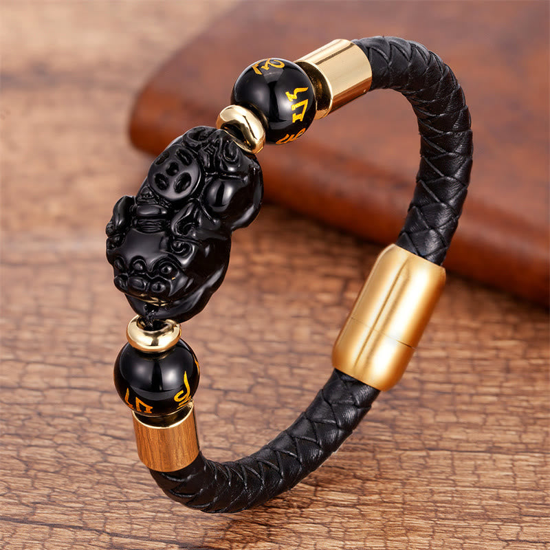 KarmaRipple's Tiger Eye Black Onyx Red Agate PiXiu Bronze Coin Om Mani Padme Hum Strength Leather Bracelet p2