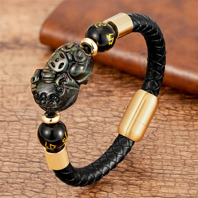 KarmaRipple's Tiger Eye Black Onyx Red Agate PiXiu Bronze Coin Om Mani Padme Hum Strength Leather Bracelet p21
