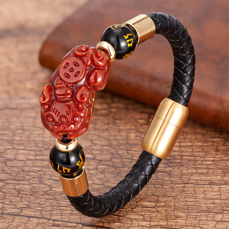 KarmaRipple's Tiger Eye Black Onyx Red Agate PiXiu Bronze Coin Om Mani Padme Hum Strength Leather Bracelet p4