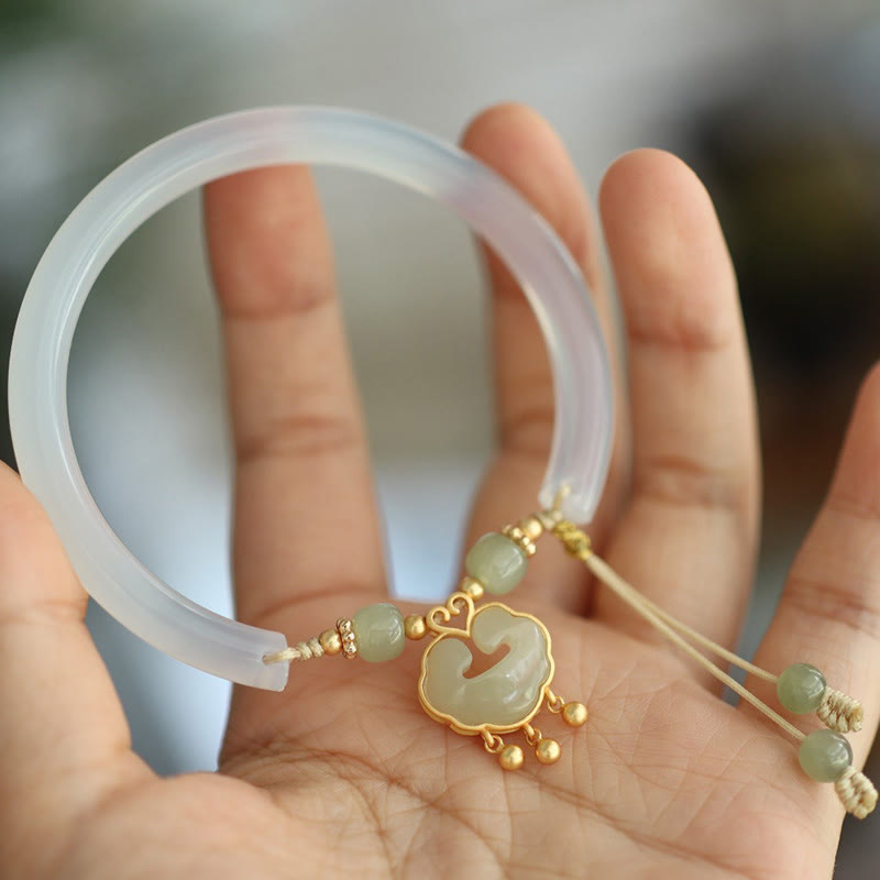 KarmaRipple's Chalcedony Hetian Jade 925 Sterling Silver Auspicious Cloud Ruyi Lock Balance Cuff Half Bracelet Bangle p9