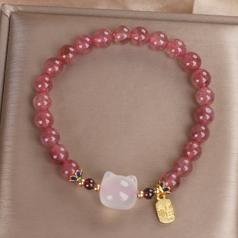 KarmaRipple's Strawberry Quartz Ivory Jade Cat Fu Character Balancing Bracelet p11