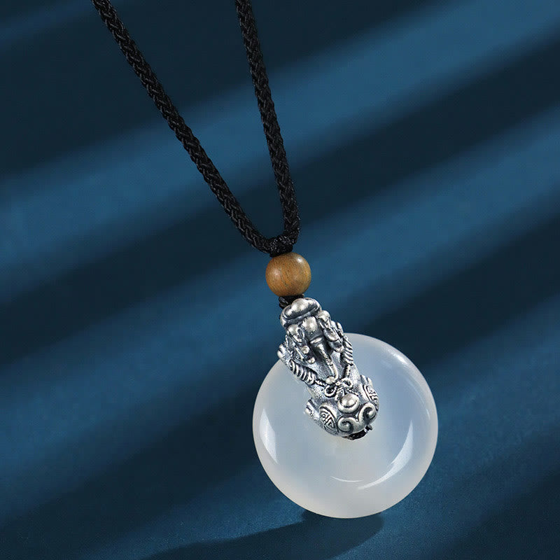 KarmaRipple's Ivory Agate 999 Sterling Silver Black Onyx Green Sandalwood Pi Xiu Peace Buckle Six True Words Pendant Necklace p13