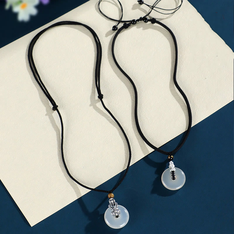 KarmaRipple's Ivory Agate 999 Sterling Silver Black Onyx Green Sandalwood Pi Xiu Peace Buckle Six True Words Pendant Necklace p10