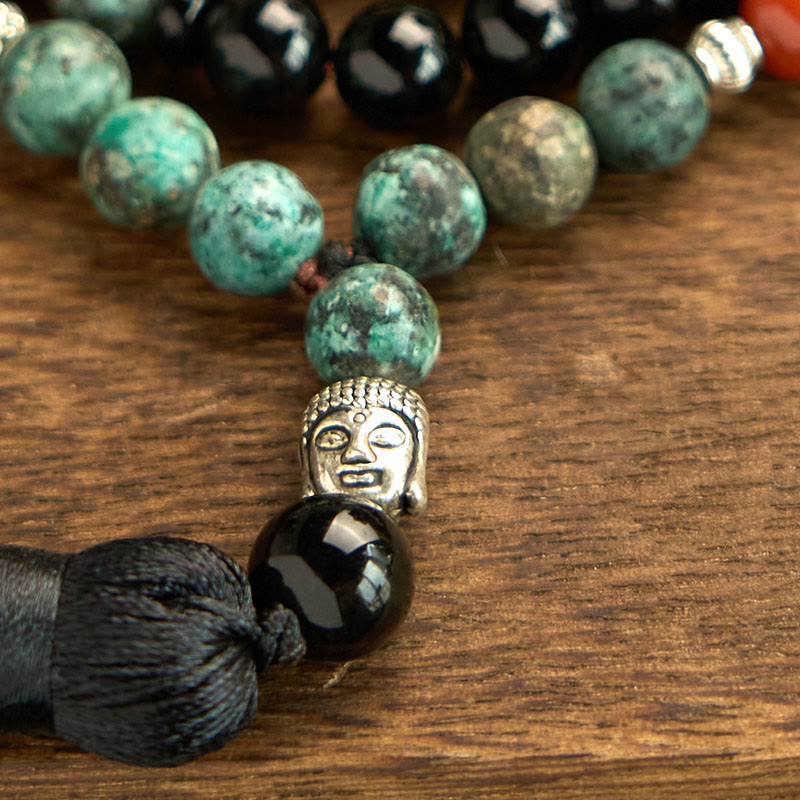 KarmaRipple's 108 Mala Authentic Black Onyx Red Jasper Turquoise Beadwork Buddha Head Tassel Protection Bracelet p7