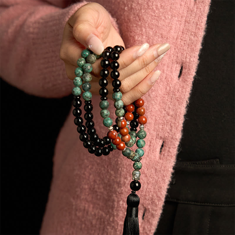 KarmaRipple's 108 Mala Authentic Black Onyx Red Jasper Turquoise Beadwork Buddha Head Tassel Protection Bracelet p5