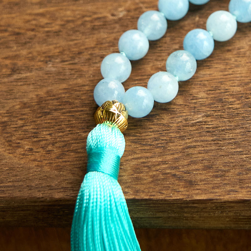 KarmaRipple's 108 Mala Beadwork Authentic Stone Aquamarine Tassel Lotus Balancing Bracelet p11