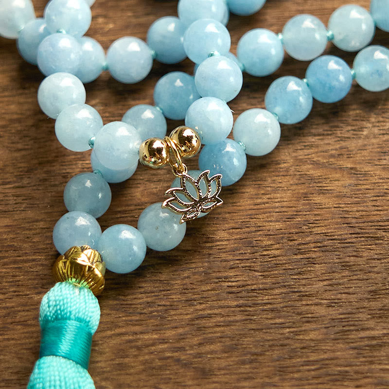 KarmaRipple's 108 Mala Beadwork Authentic Stone Aquamarine Tassel Lotus Balancing Bracelet p9