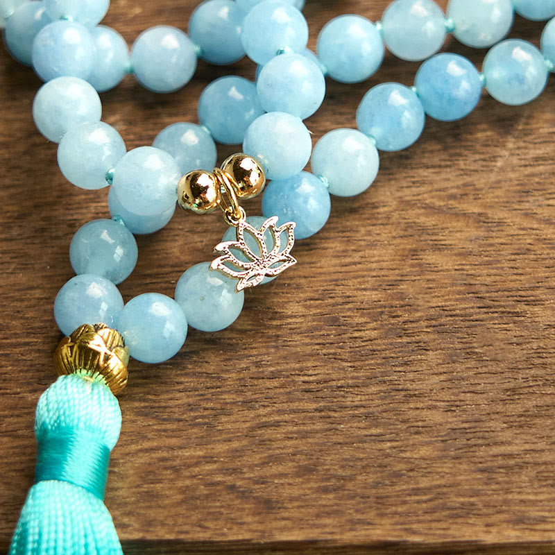 KarmaRipple's 108 Mala Beadwork Authentic Stone Aquamarine Tassel Lotus Balancing Bracelet p10