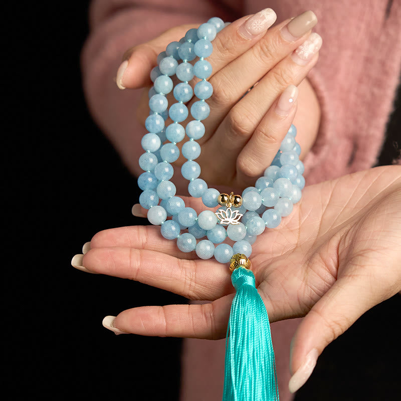 KarmaRipple's 108 Mala Beadwork Authentic Stone Aquamarine Tassel Lotus Balancing Bracelet p5