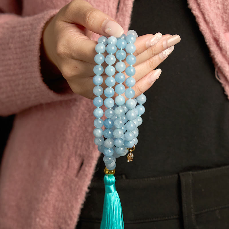 KarmaRipple's 108 Mala Beadwork Authentic Stone Aquamarine Tassel Lotus Balancing Bracelet p4