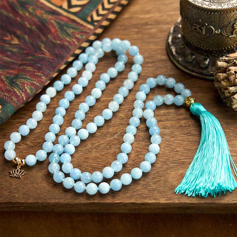 KarmaRipple's 108 Mala Beadwork Authentic Stone Aquamarine Tassel Lotus Balancing Bracelet p3