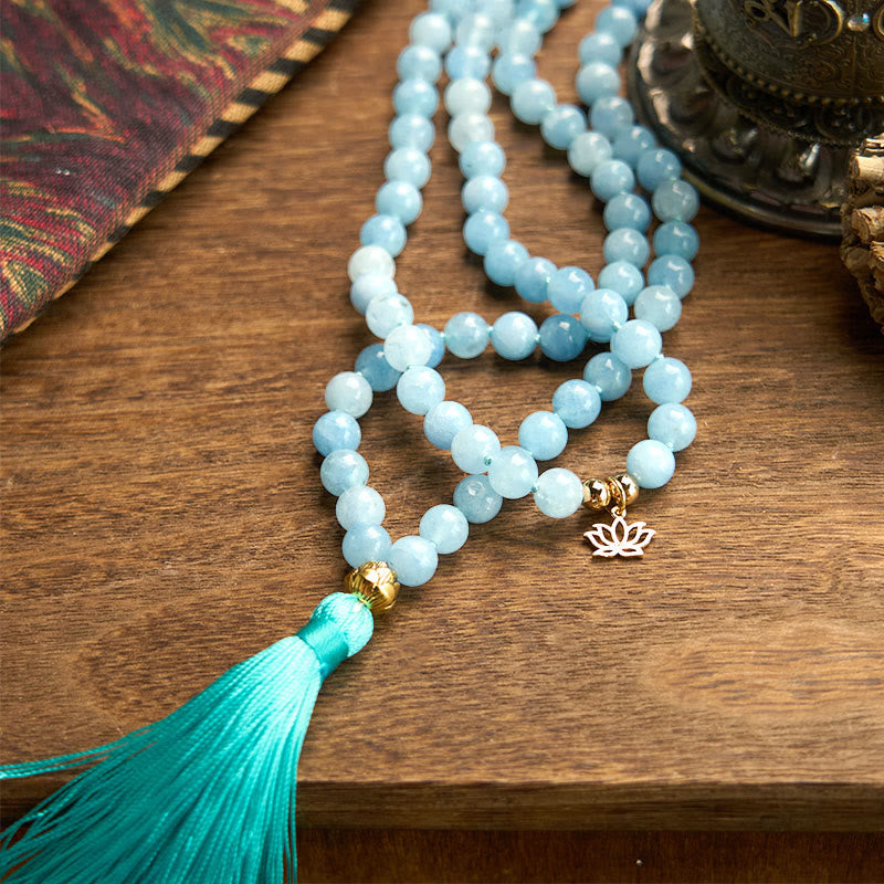 KarmaRipple's 108 Mala Beadwork Authentic Stone Aquamarine Tassel Lotus Balancing Bracelet p8