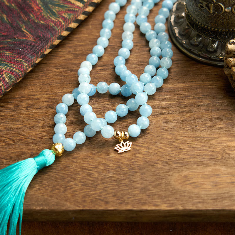 KarmaRipple's 108 Mala Beadwork Authentic Stone Aquamarine Tassel Lotus Balancing Bracelet p7