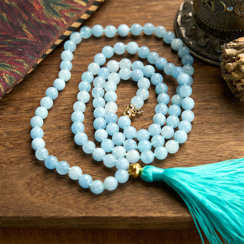 KarmaRipple's 108 Mala Beadwork Authentic Stone Aquamarine Tassel Lotus Balancing Bracelet p6