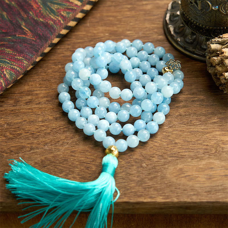 KarmaRipple's 108 Mala Beadwork Authentic Stone Aquamarine Tassel Lotus Balancing Bracelet p14
