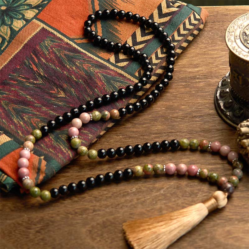 KarmaRipple's 108 Mala Beadwork Black Jasper Rhodonite Khaki Tassel Balancing Bracelet p6