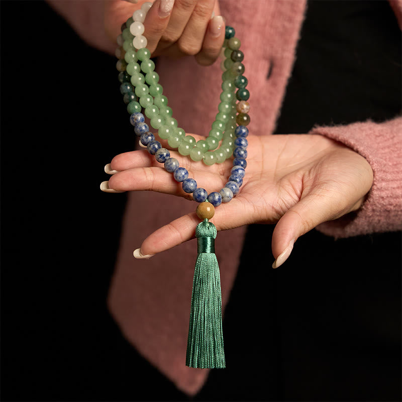 KarmaRipple's 108 Mala Beadwork Authentic Green Aventurine Blue Spot Jasper Indian Agate Green Tassel Fortune Bracelet p4