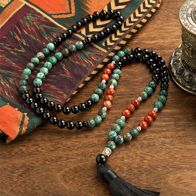 KarmaRipple's 108 Mala Authentic Black Onyx Red Jasper Turquoise Beadwork Buddha Head Tassel Protection Bracelet p2