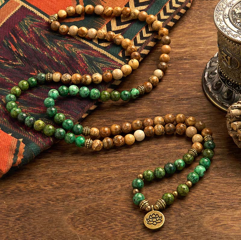 KarmaRipple's 108 Mala Beadwork Authentic Stone Picture Jasper Turquoise Lotus Positive Bracelet p2