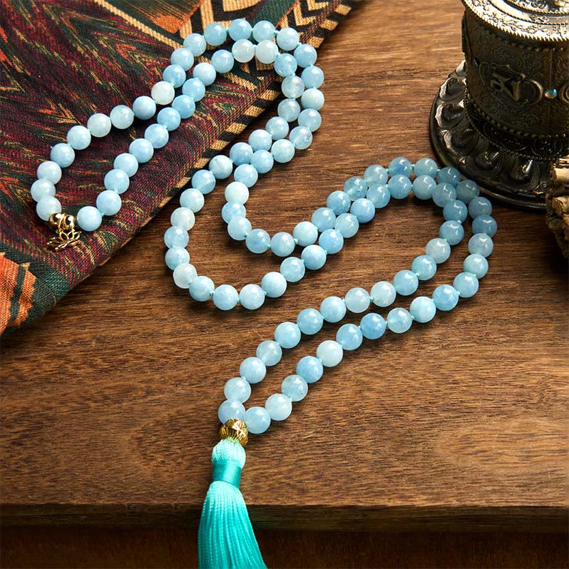 KarmaRipple's 108 Mala Beadwork Authentic Stone Aquamarine Tassel Lotus Balancing Bracelet p2