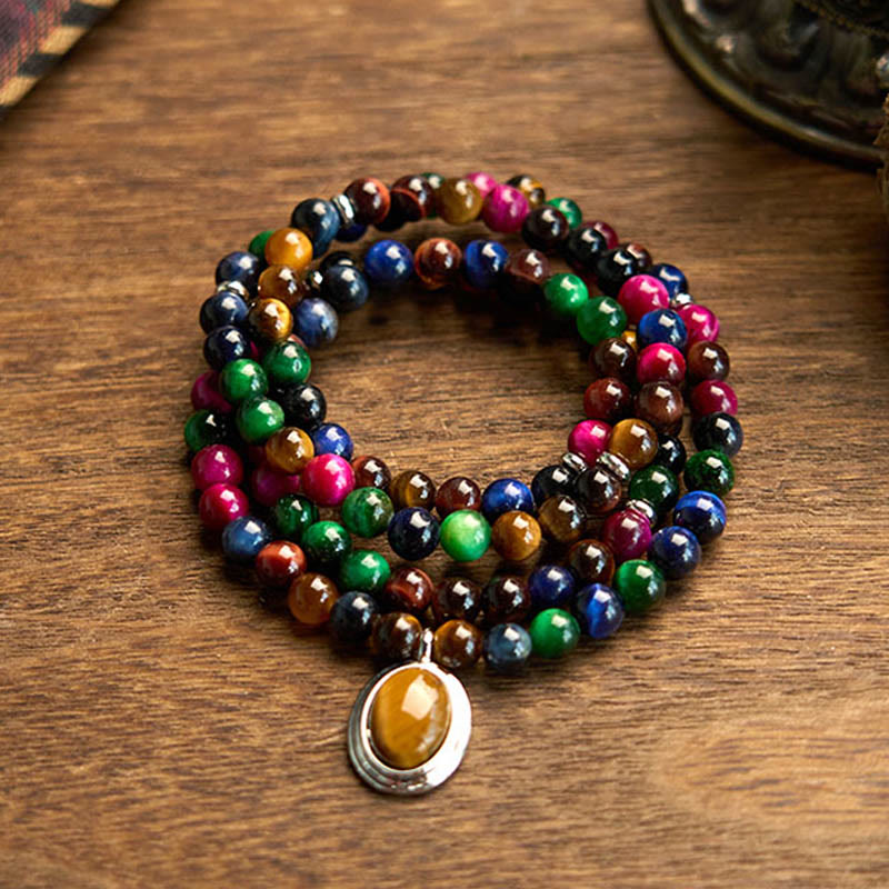 KarmaRipple's 108 Mala Beadwork Authentic Colorful Tiger Eye Stone Multi-turn Protection Bracelet p1