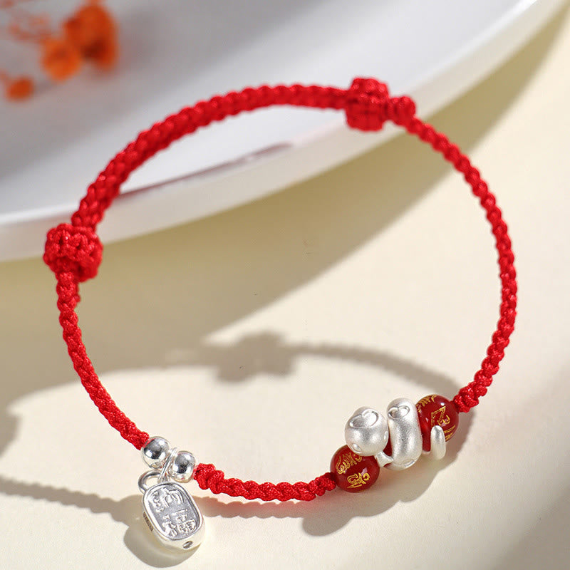 KarmaRipple's 999 Sterling Silver Year Of The Snake Red Agate Black Onyx Fortunate Fortune Six True Words Happiness Woven Bracelet p6