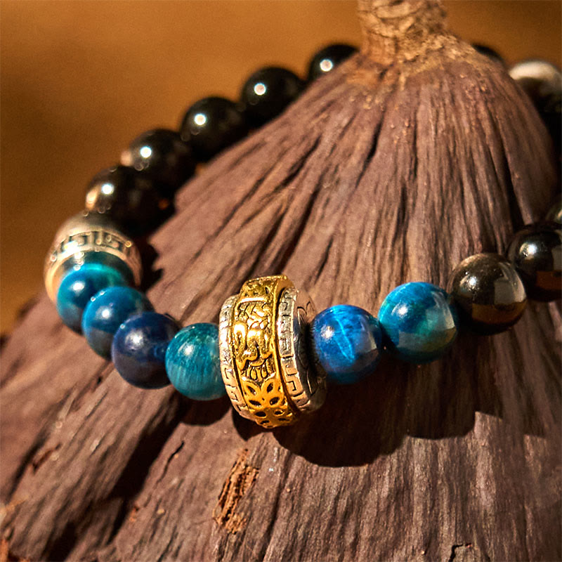 KarmaRipple's Silver Sheen Obsidian Blue Tiger Eye Om Mani Padme Hum Protection Bracelet p4