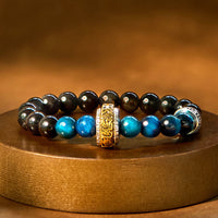 KarmaRipple's Silver Sheen Obsidian Blue Tiger Eye Om Mani Padme Hum Protection Bracelet