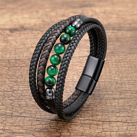 KarmaRipple's Tiger Eye Lava Rock Black Onyx Lazurite Hematite Bead Positive Leather Bracelet