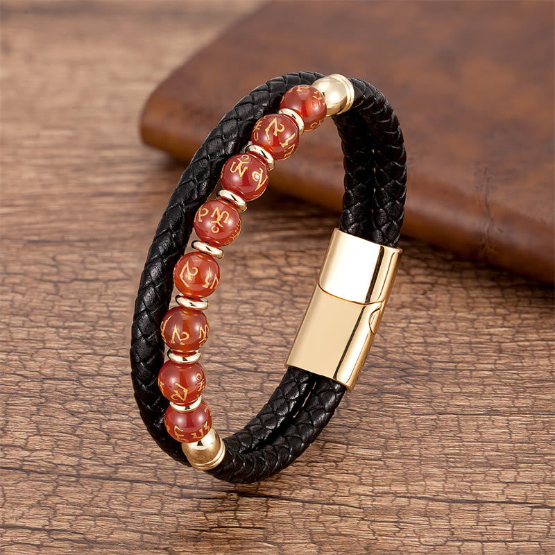 KarmaRipple's Black Onyx Turquoise Tiger Eye Red Agate Om Mani Padme Hum Strength Leather Bracelet p7