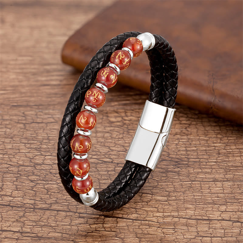 KarmaRipple's Black Onyx Turquoise Tiger Eye Red Agate Om Mani Padme Hum Strength Leather Bracelet p42