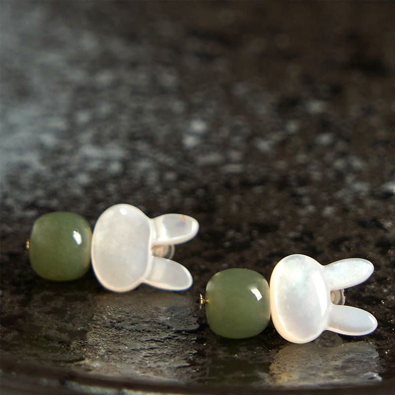 KarmaRipple's Tridacna Stone Cute Rabbit Hetian Jade Fortune Earrings p6
