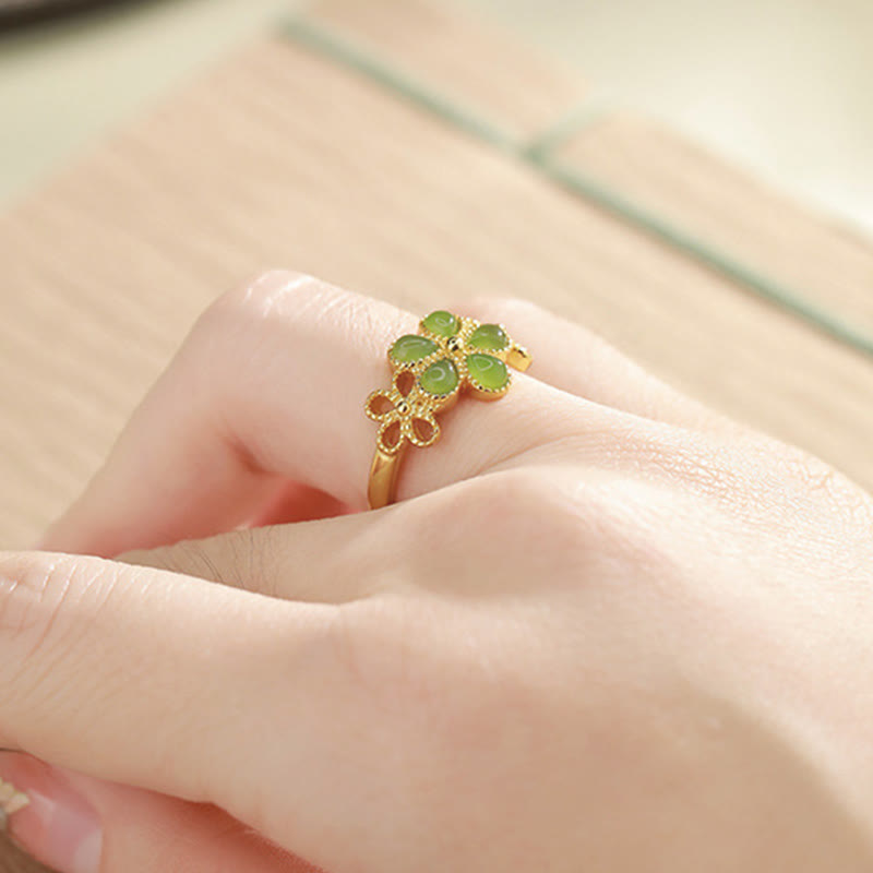 KarmaRipple's Authentic Hetian Jade 925 Sterling Silver Plated Gold Flower Adjustable Prosperity Ring p4