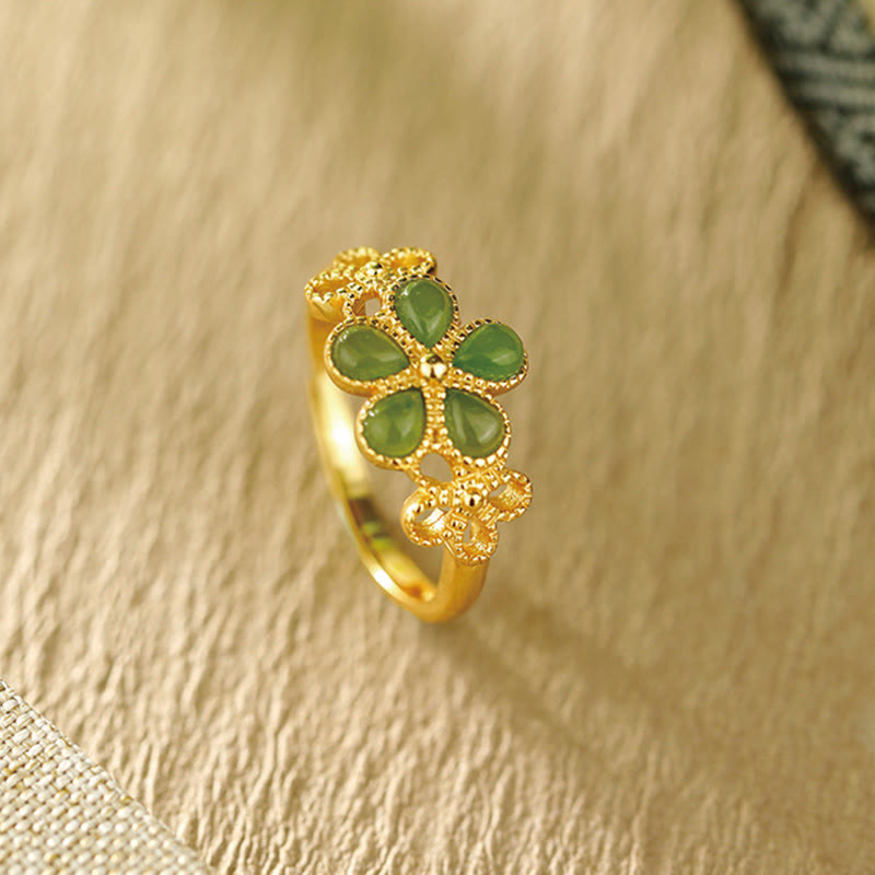 KarmaRipple's Authentic Hetian Jade 925 Sterling Silver Plated Gold Flower Adjustable Prosperity Ring p8