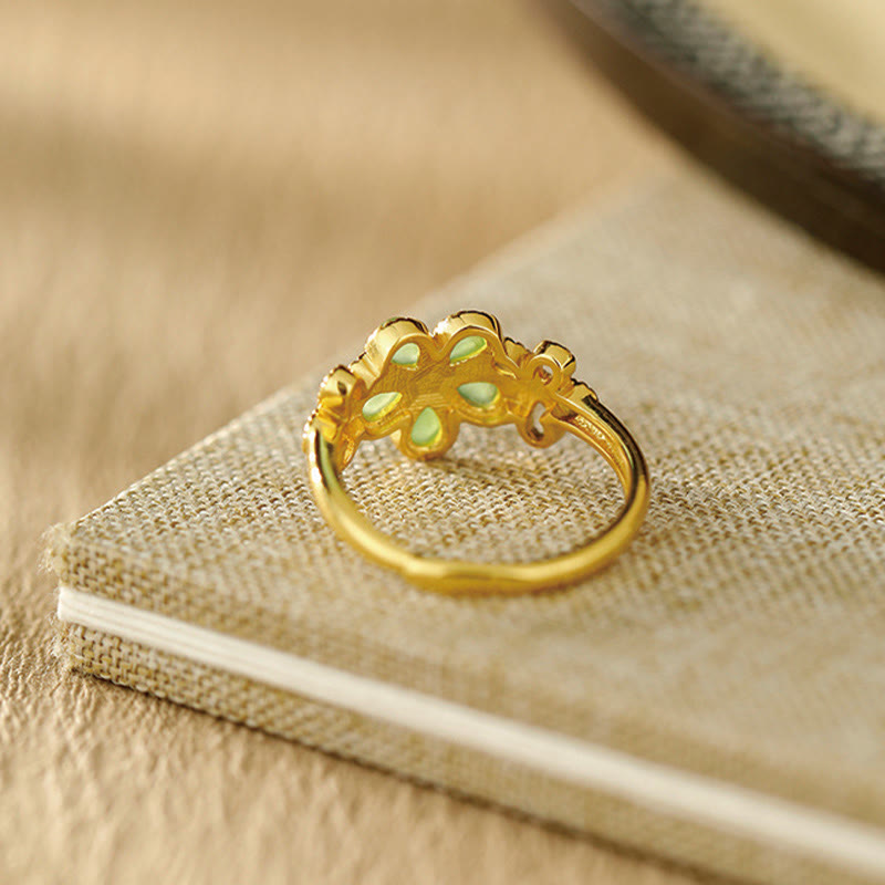 KarmaRipple's Authentic Hetian Jade 925 Sterling Silver Plated Gold Flower Adjustable Prosperity Ring p2