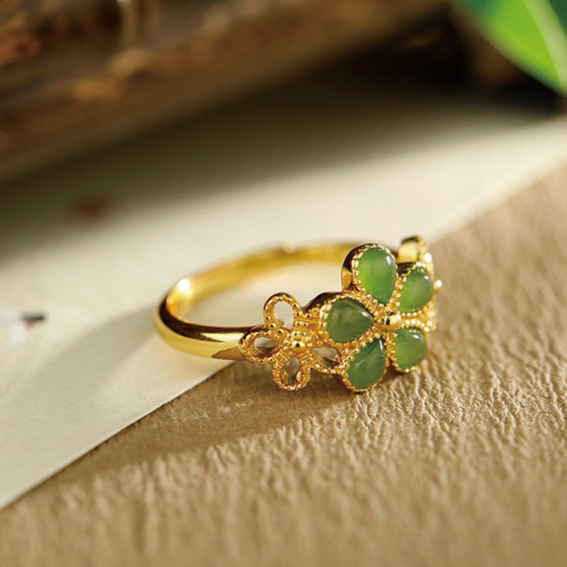 KarmaRipple's Authentic Hetian Jade 925 Sterling Silver Plated Gold Flower Adjustable Prosperity Ring p7