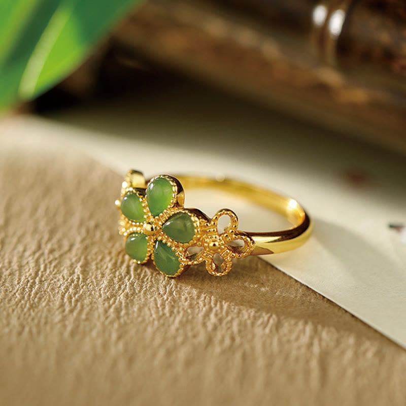 KarmaRipple's Authentic Hetian Jade 925 Sterling Silver Plated Gold Flower Adjustable Prosperity Ring p3