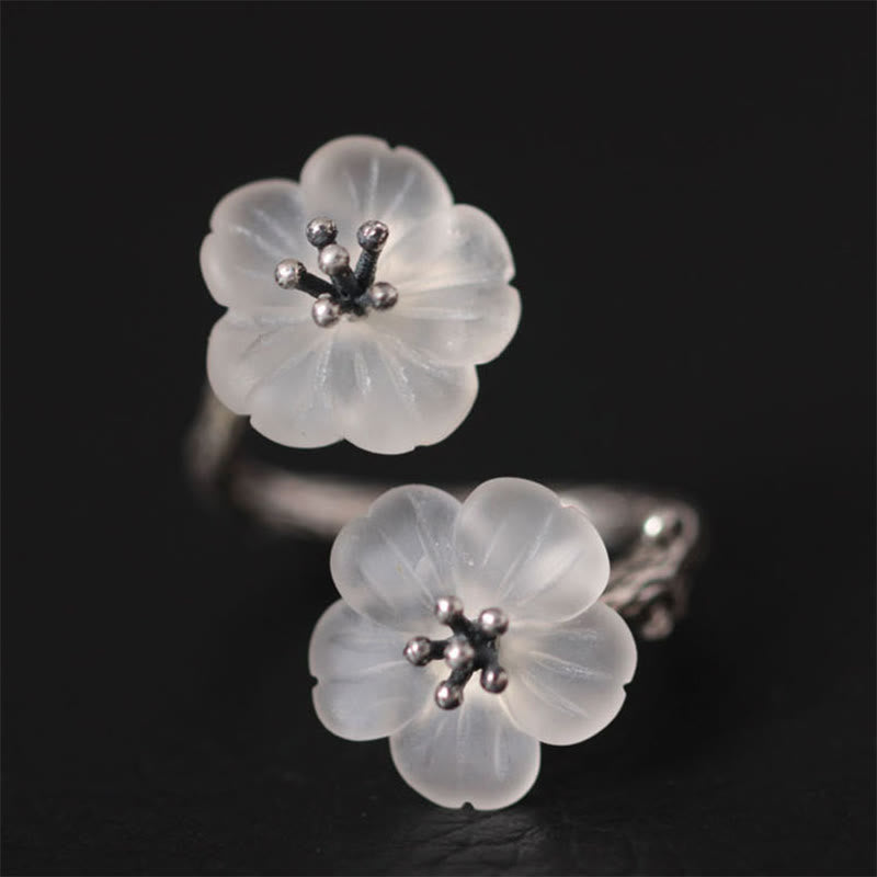 KarmaRipple's 925 Sterling Silver Ivory Gemstone Double Plum Blossom Flower Adjustable Protection Ring p2