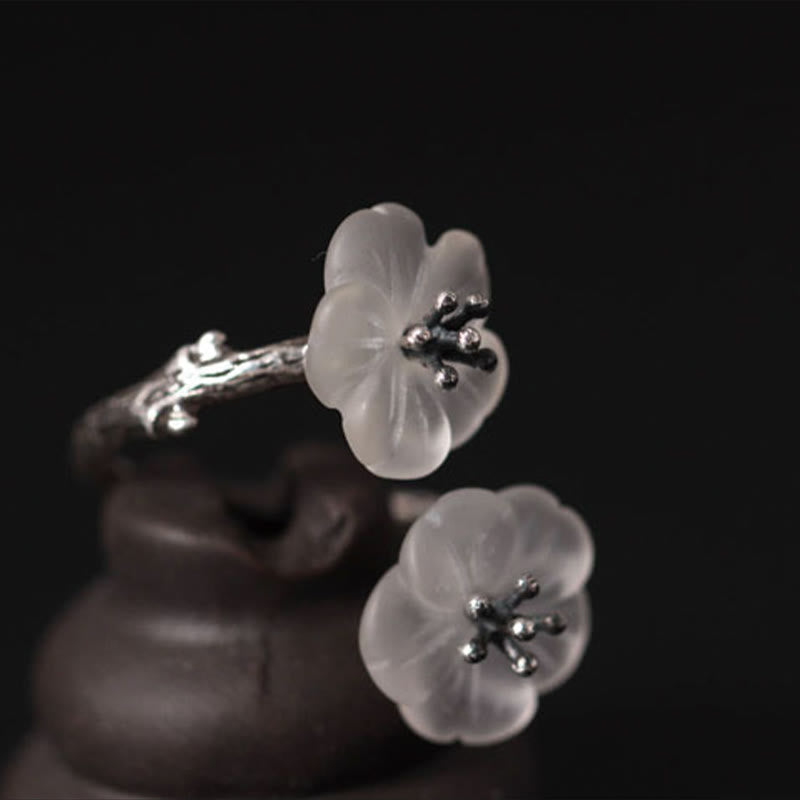 KarmaRipple's 925 Sterling Silver Ivory Gemstone Double Plum Blossom Flower Adjustable Protection Ring p13