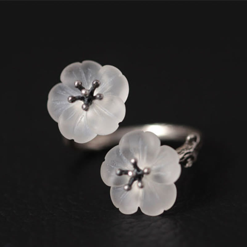 KarmaRipple's 925 Sterling Silver Ivory Gemstone Double Plum Blossom Flower Adjustable Protection Ring p8