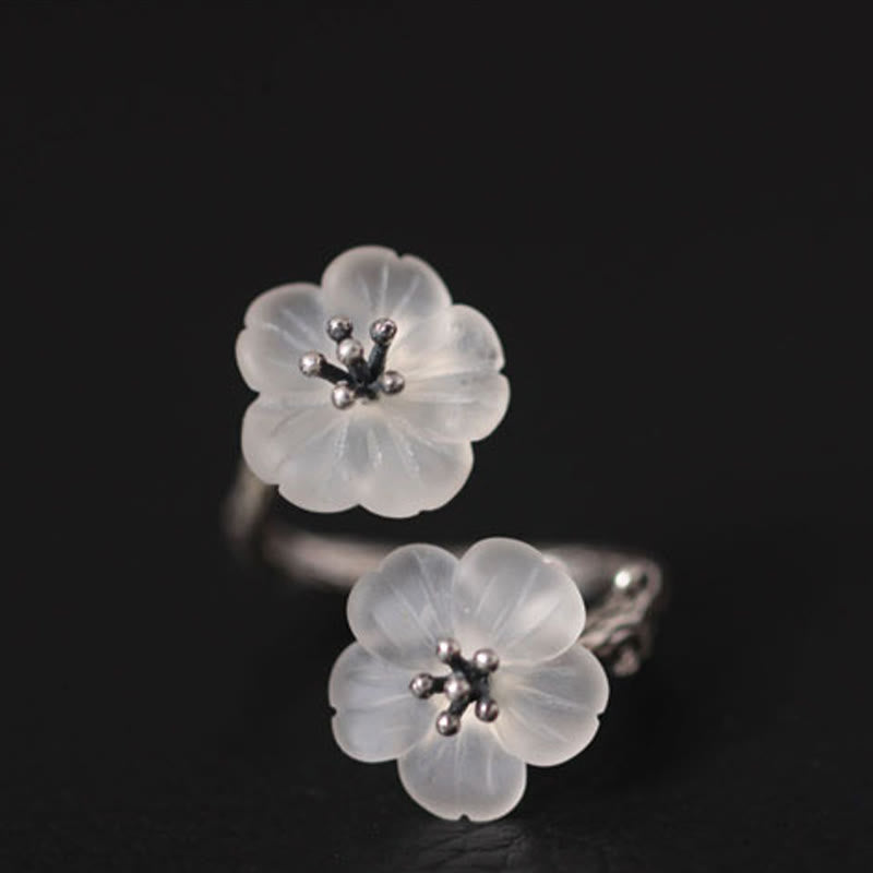 KarmaRipple's 925 Sterling Silver Ivory Gemstone Double Plum Blossom Flower Adjustable Protection Ring p15
