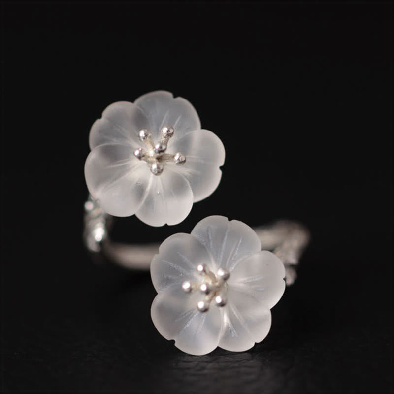 KarmaRipple's 925 Sterling Silver Ivory Gemstone Double Plum Blossom Flower Adjustable Protection Ring p4