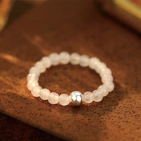 KarmaRipple's 925 Sterling Silver Gemstone Beadwork Ivory Jade Black Onyx Blessing Elastic Ring