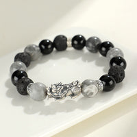KarmaRipple's 999 Sterling Silver PiXiu Black Onyx Grey Jasper Lava Rock Protection Bracelet