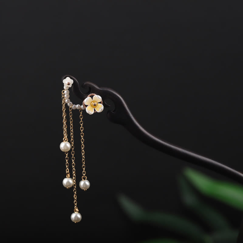 KarmaRipple's Ebony Shell Flower Pearl Tassel Blessing Hairpin p1
