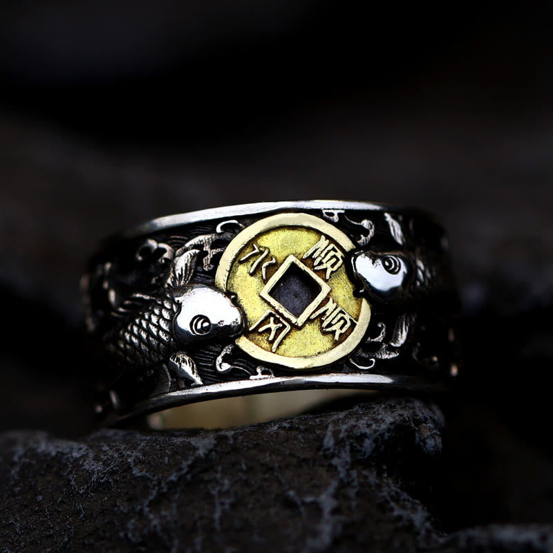 KarmaRipple's Adjustable Opening 925 Sterling Silver Fortunate Koi Fish Bronze Coin Auspicious Clouds Wealth Ring p11