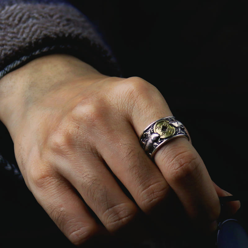 KarmaRipple's Adjustable Opening 925 Sterling Silver Fortunate Koi Fish Bronze Coin Auspicious Clouds Wealth Ring p5